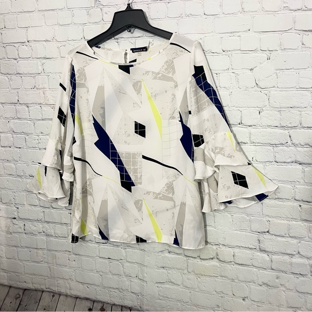 White Blue Yellow Geometric Ruffle Sleeve Blouse Large |Bell Sleeve Work Top - Picture 4 of 9